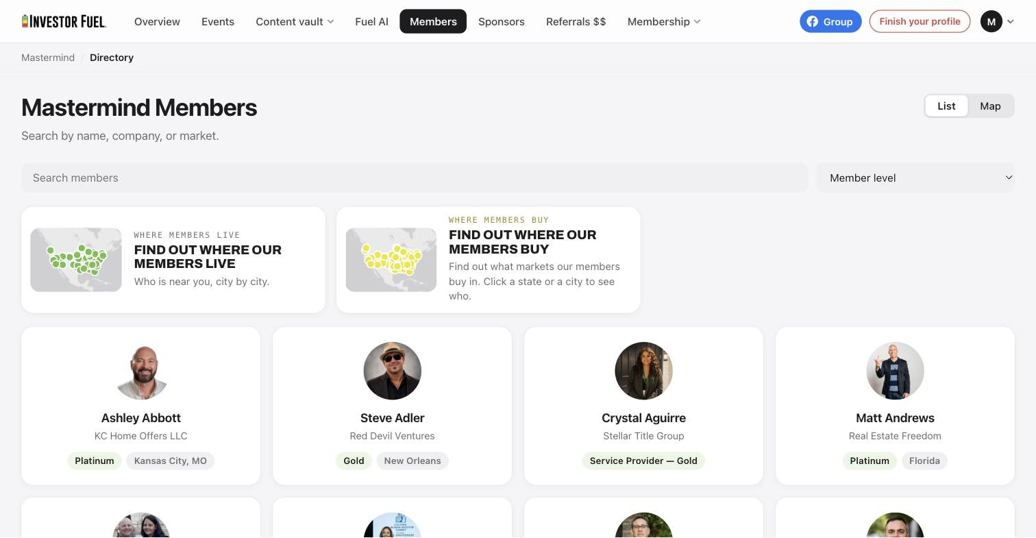 The member directory in the Investor Fuel portal